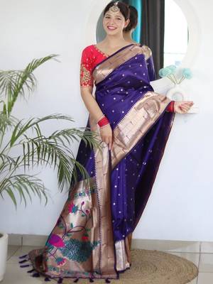 Purple woven design zari paithani silk saree saree with unstitched blouse 3
