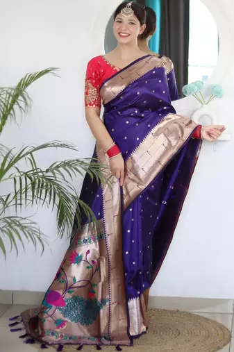 Purple woven design zari paithani silk saree saree with unstitched blouse