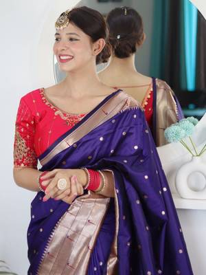Purple woven design zari paithani silk saree saree with unstitched blouse 4