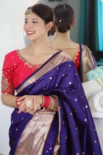 Purple woven design zari paithani silk saree saree with unstitched blouse