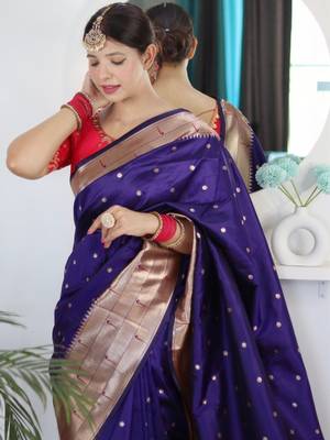 Purple woven design zari paithani silk saree saree with unstitched blouse 5