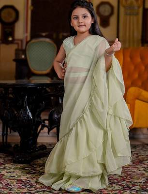 Sea green girls saree with blouse 4