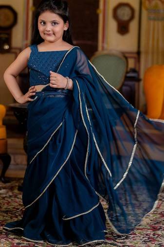 Teal girls embroidered gotta patti ready to wear saree