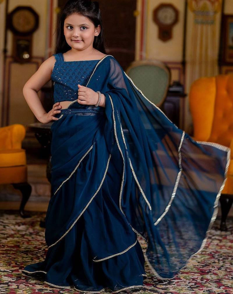 Teal girls embroidered gotta patti ready to wear saree