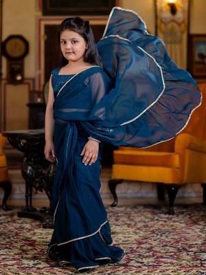Teal girls embroidered gotta patti ready to wear saree 3
