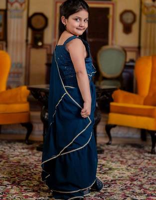 Teal girls embroidered gotta patti ready to wear saree 4