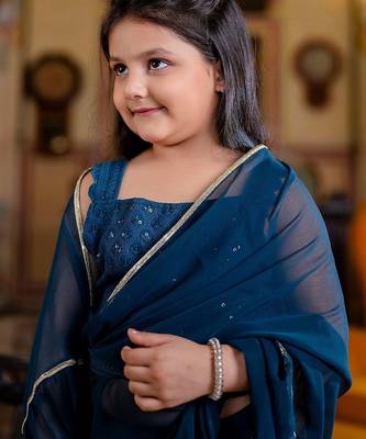 Teal girls embroidered gotta patti ready to wear saree 5