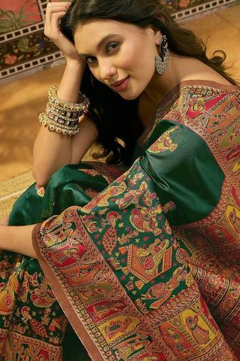 Green woven design saree with unstitched blouse