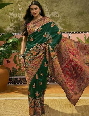 Green woven design saree with unstitched blouse 2