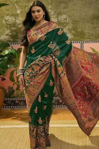 Green woven design saree with unstitched blouse