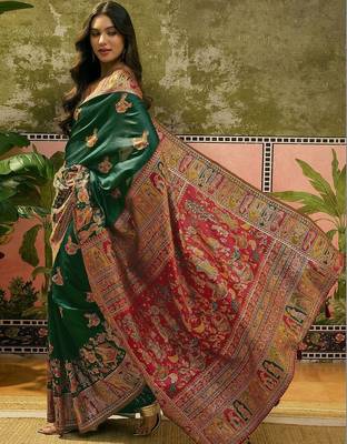 Green woven design saree with unstitched blouse 3