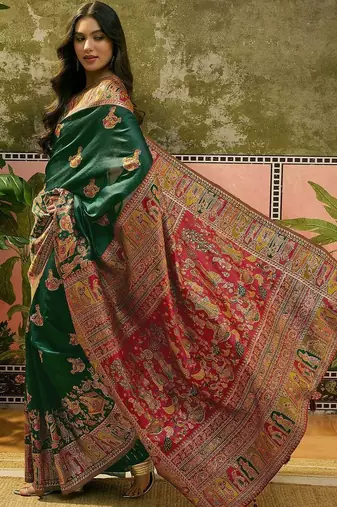 Green woven design saree with unstitched blouse