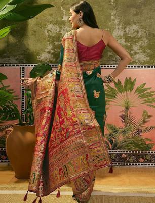 Green woven design saree with unstitched blouse 4