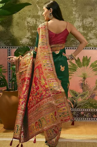 Green woven design saree with unstitched blouse
