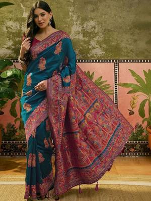 Blue woven design saree with unstitched blouse 1