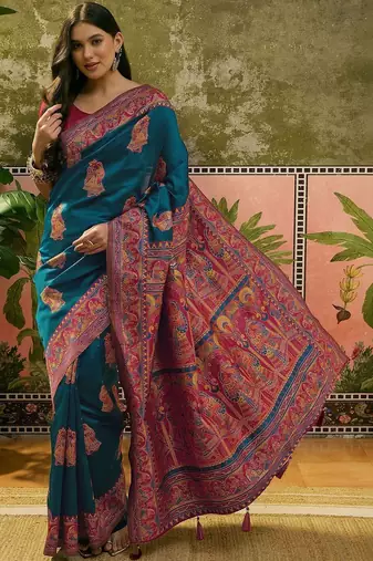 Blue woven design saree with unstitched blouse
