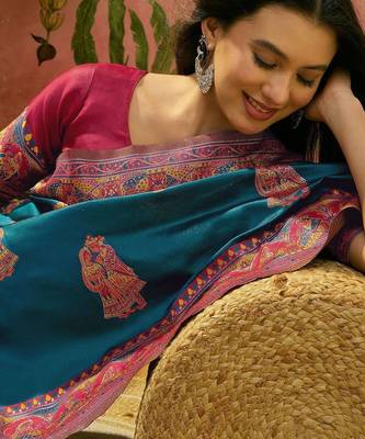 Blue woven design saree with unstitched blouse 2