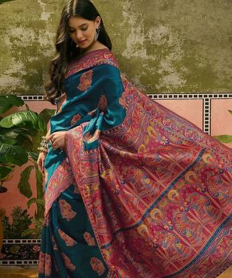 Blue woven design saree with unstitched blouse 3