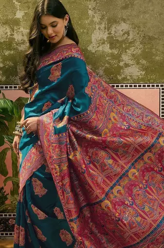 Blue woven design saree with unstitched blouse
