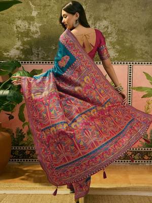 Blue woven design saree with unstitched blouse 4