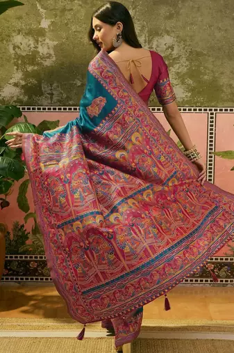 Blue woven design saree with unstitched blouse