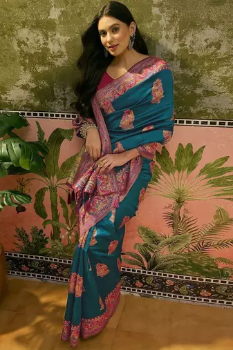 Blue woven design saree with unstitched blouse