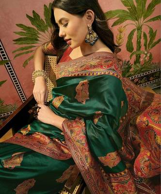 Green woven design saree with unstitched blouse 1