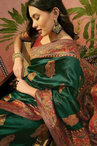 Green woven design saree with unstitched blouse
