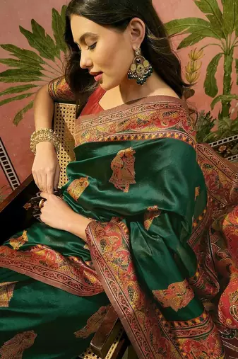 Green woven design saree with unstitched blouse