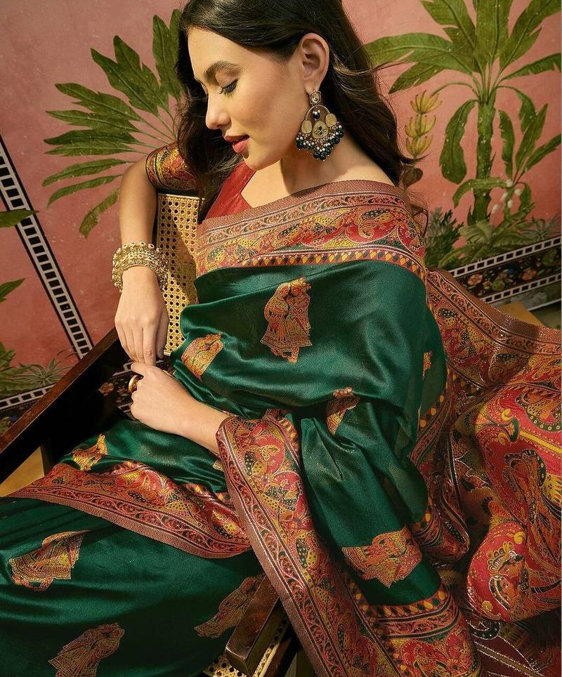 Green woven design saree with unstitched blouse