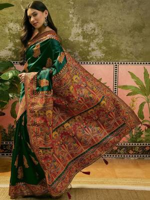 Green woven design saree with unstitched blouse 3