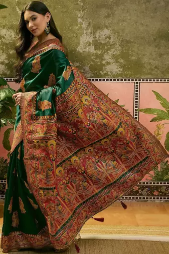 Green woven design saree with unstitched blouse
