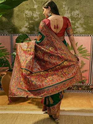 Green woven design saree with unstitched blouse 4