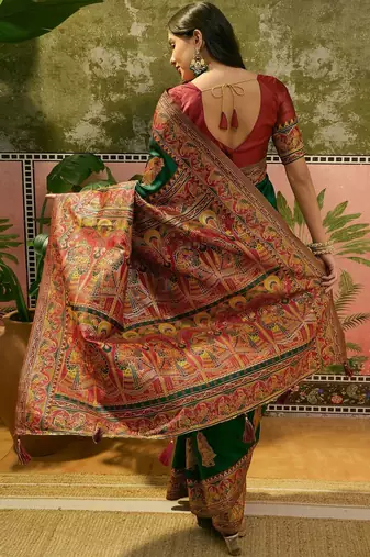 Green woven design saree with unstitched blouse