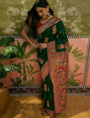 Green woven design saree with unstitched blouse 5