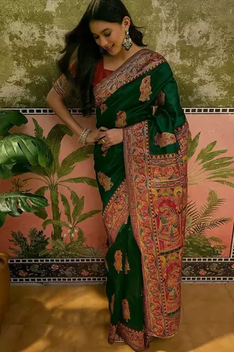 Green woven design saree with unstitched blouse