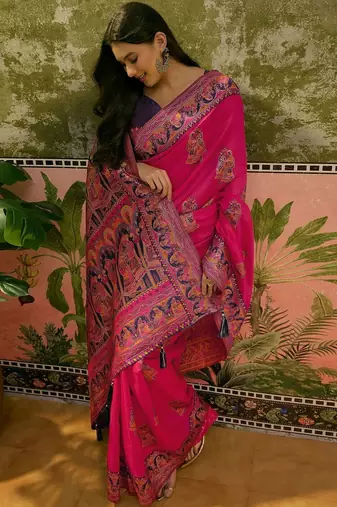 Pink woven design saree with unstitched blouse