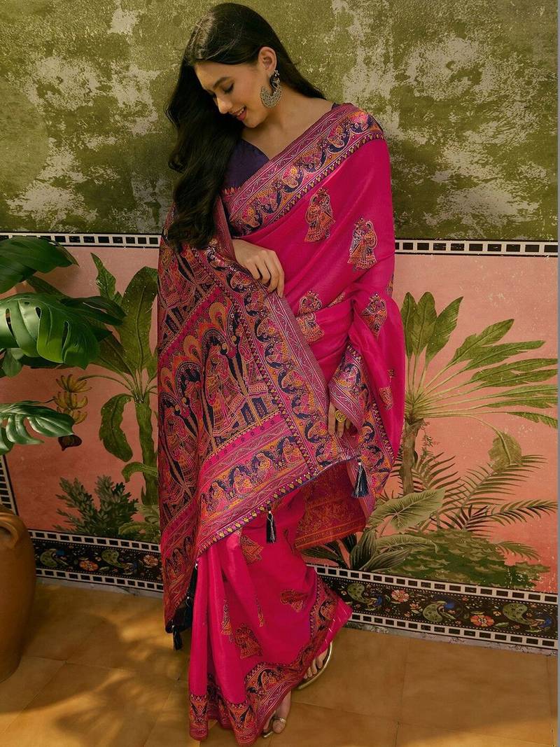 Pink woven design saree with unstitched blouse