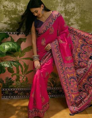 Pink woven design saree with unstitched blouse 2
