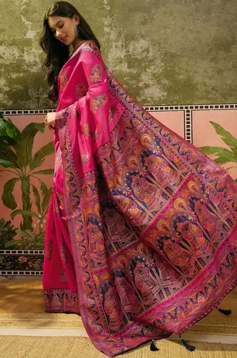 Pink woven design saree with unstitched blouse