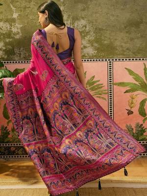 Pink woven design saree with unstitched blouse 4