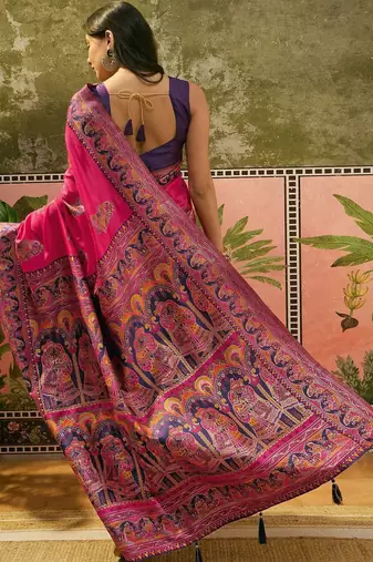 Pink woven design saree with unstitched blouse