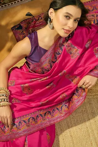 Pink woven design saree with unstitched blouse