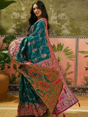 Green woven design saree with unstitched blouse 1