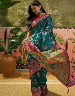 Green woven design saree with unstitched blouse 2