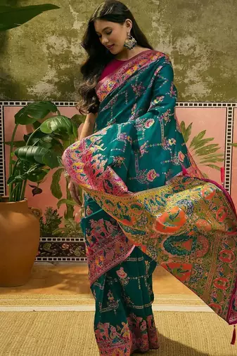 Green woven design saree with unstitched blouse