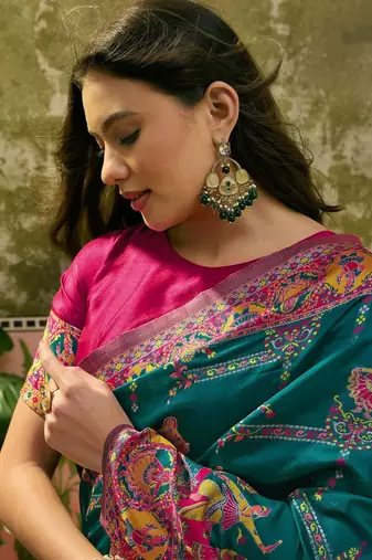 Green woven design saree with unstitched blouse