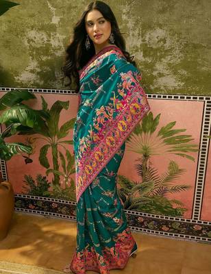 Green woven design saree with unstitched blouse 5