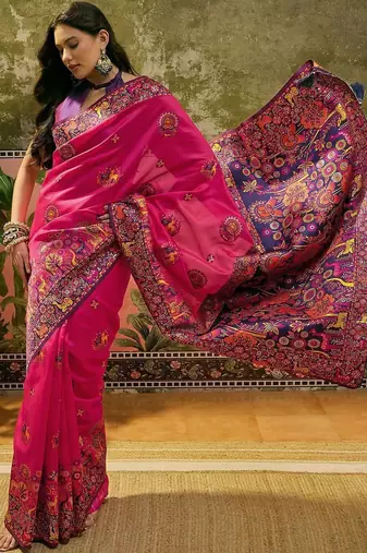 Pink woven design saree with unstitched blouse