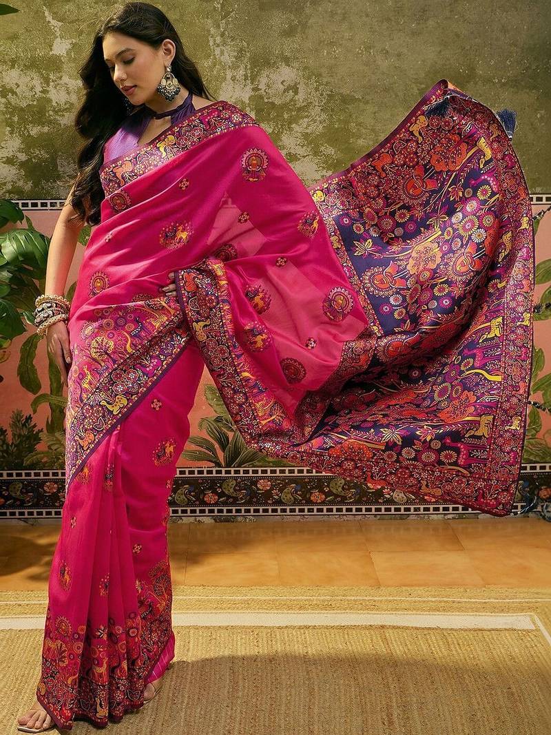 Pink woven design saree with unstitched blouse